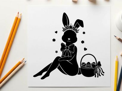 Easter bunny silhouette with crown and basket of eggs
