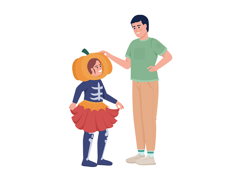 Girl with dad choosing costume for Halloween color vector characters