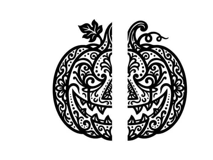 Intricate Halloween Pumpkin Illustration with Carved Face and Decorative Patterns