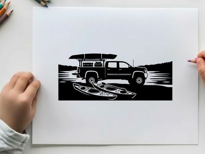 Silhouette of a pickup truck with kayaks on a serene lake shore