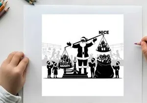 Santa claus weighing presents in silhouette style on christmas