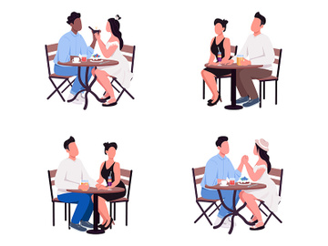 Couples sit at table flat color vector faceless character set preview picture