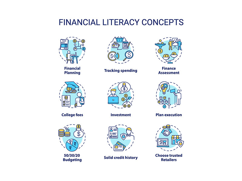 Financial literacy concept icons set