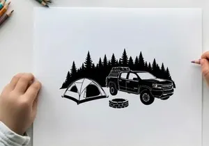 Camping silhouette scene with truck and tent in forest