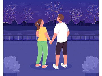 Watching fireworks together flat color vector illustration preview picture