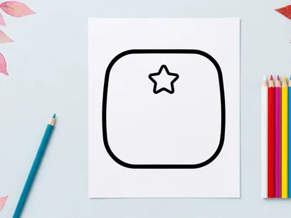 Minimalist star icon on blank square frame. Simple geometric shape for design and decoration templates.