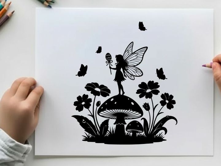 Whimsical fairy silhouette amidst flowers and butterflies