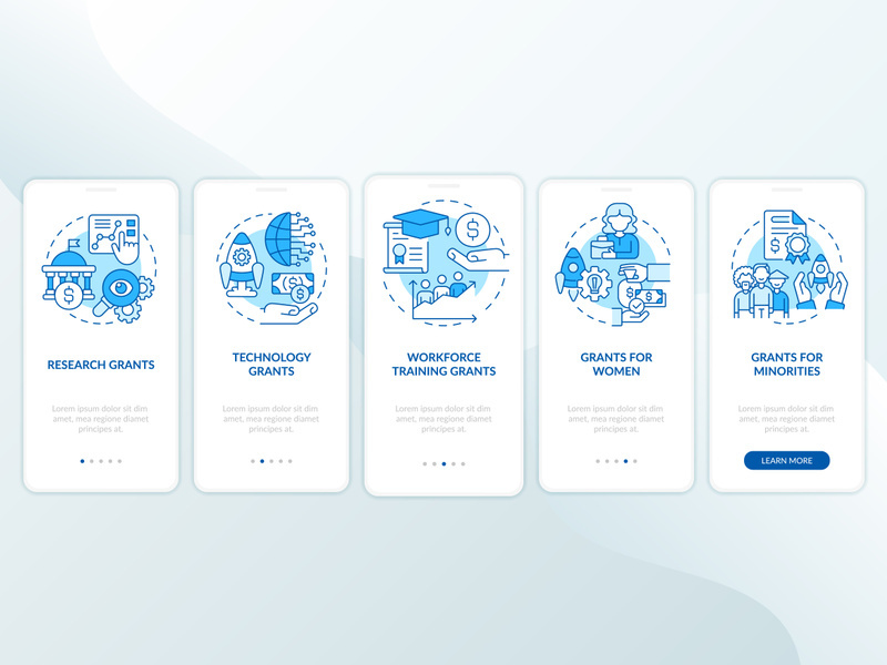 Types of grants blue onboarding mobile app screen
