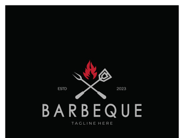 Smoke and BBQ Barbecue Vintage hot grill, with crossed flames and spatula. Logo for restaurant, badge, cafe and bar.vector preview picture