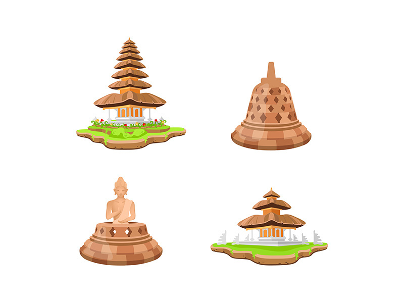 Indonesian temples flat color vector objects set