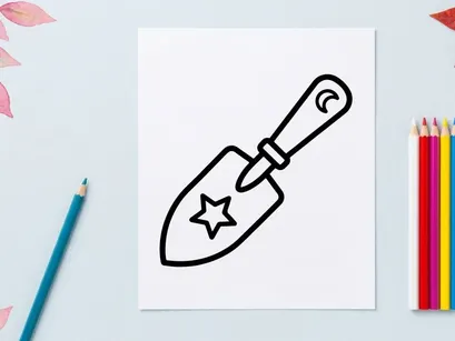 Witch garden trowel icon. Magical shovel with star and moon symbols for gardening.