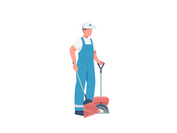 Janitor with broom flat color vector faceless character preview picture