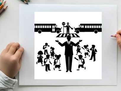 School crossing guard silhouette stopping children and buses