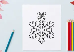 Christmas snowflake ornament line art illustration with a decorative bow on white background