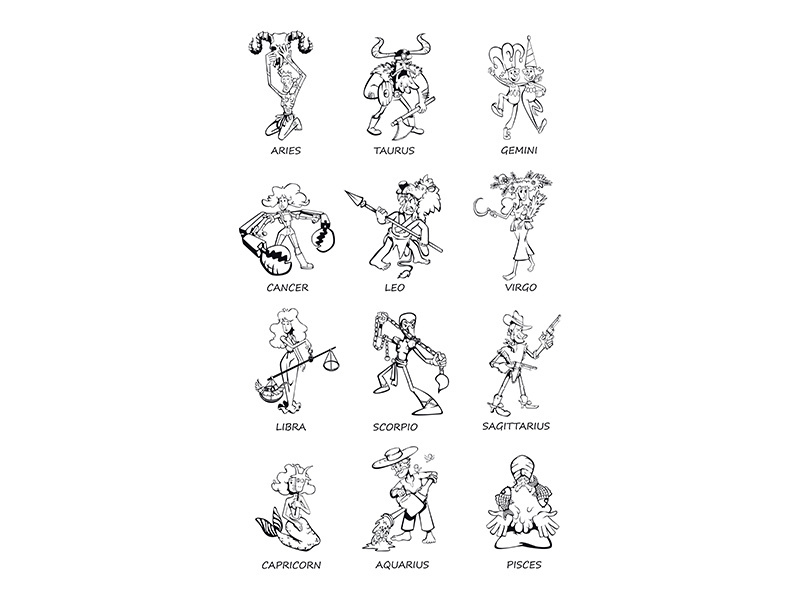 Zodiac signs people outline cartoon vector illustrations set