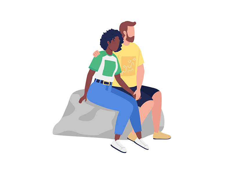 Loving couple sitting on rock on semi flat color vector characters