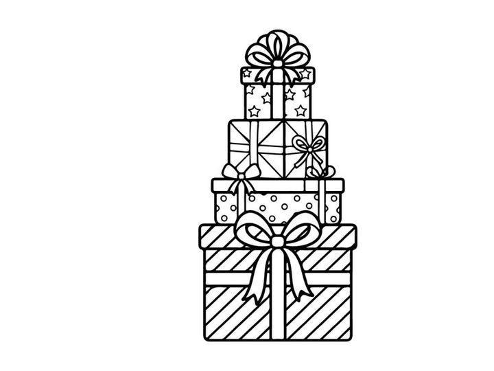 Pilha de caixas de presente de Natal com fitas, ilustração em arte de linha em preto e branco.
