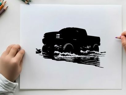 Silhouette of a pickup truck driving through water