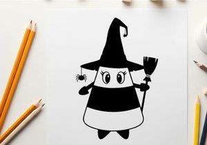 Silhouette of a cartoon witch with a broom and hat