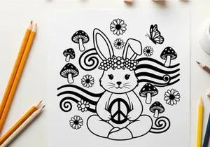 Peaceful silhouette bunny with flowers and mushrooms