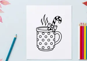 Steaming hot coffee mug with candy cane and snowflake for festive Christmas morning