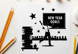 Man in silhouette celebrating new year goals with stars and books nearby