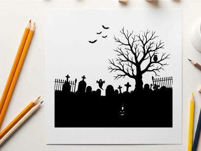 Spooky silhouette of a graveyard with a bare tree and flying birds