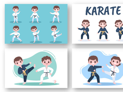 12 Cute Cartoon Karate Kids Illustration
