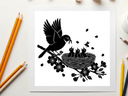 Silhouette of a bird feeding its chicks in a nest with berries