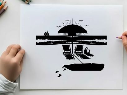 Beach scene silhouette with umbrella and chairs at sunset