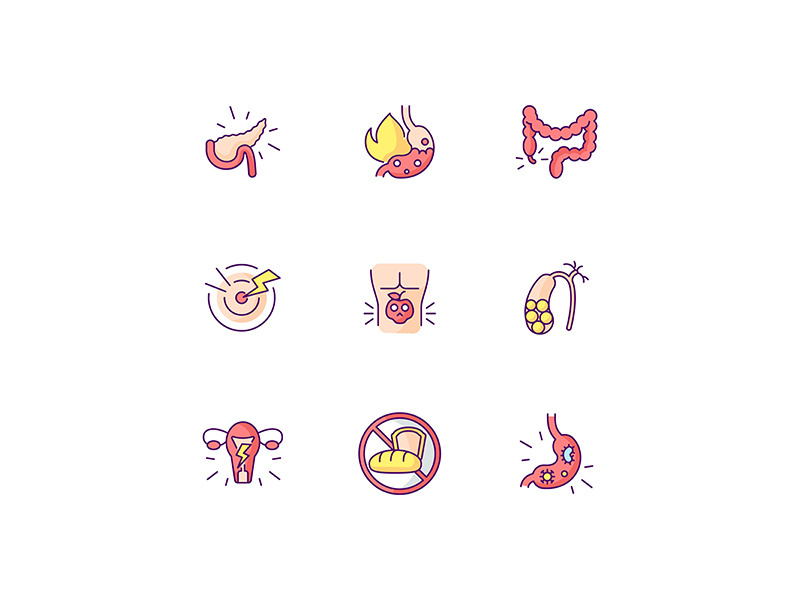 Pain in belly RGB color icons set