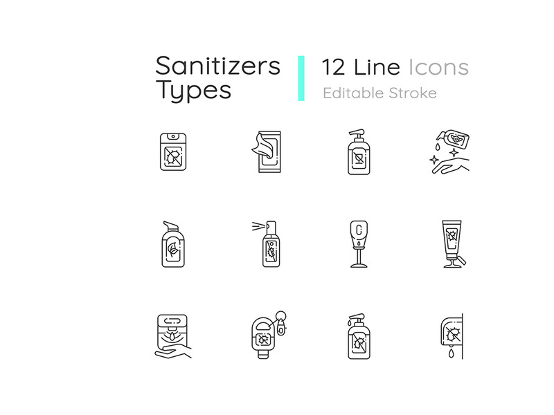 Sanitizer types linear icons set