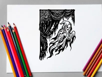 Ilustración artística en blanco y negro de una mujer fantasmal con cabello largo