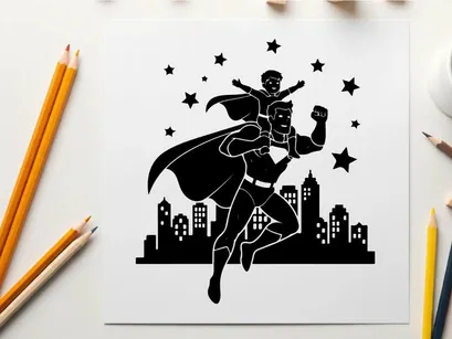 Superman silhouette flying over cityscape at night with stars