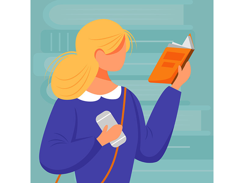 Blond girl reading book flat vector illustration