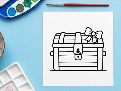 Treasure chest with gift bow. Outline illustration of a locked wooden box present.