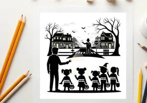 Halloween scene with silhouette of adults and children trick or treating