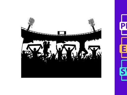 Silhouette of excited fans celebrating in a stadium with flags and lights