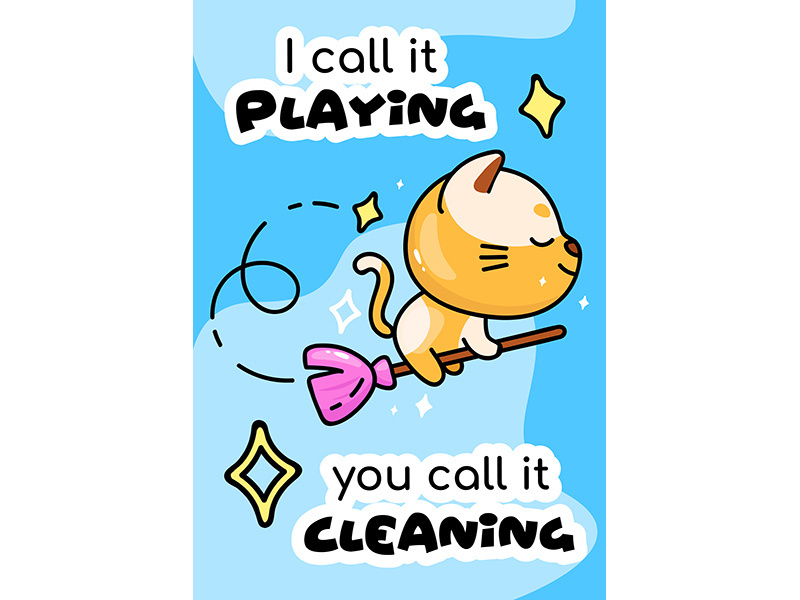 Cute cat on broomstick cartoon poster vector template