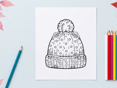 Ilustrasi seni garis topi musim dingin dengan pom pom untuk halaman mewarnai Natal