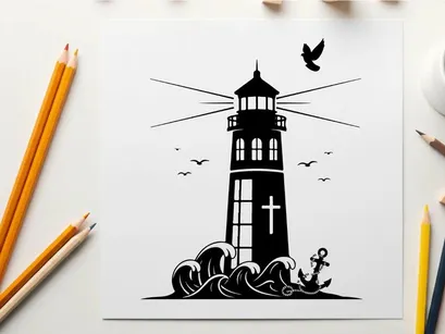 Lighthouse silhouette standing tall against turbulent seas and sky