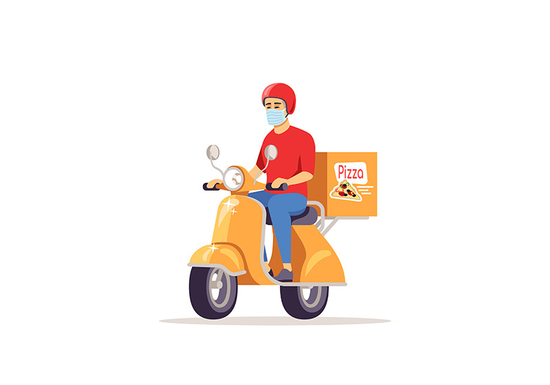 Delivery man in surgical mask semi flat RGB color vector illustration