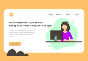 Online assistant woman with headphones with computer concept.