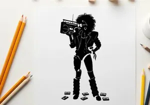 Silhouette of a woman holding a boombox radio device