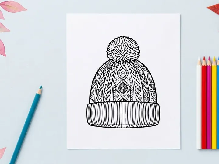 Ilustrasi seni garis terisolasi topi rajutan musim dingin dengan pompom untuk desain Natal.