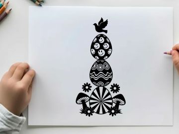 Whimsical silhouette of stacked eggs with mushrooms and flowers preview picture