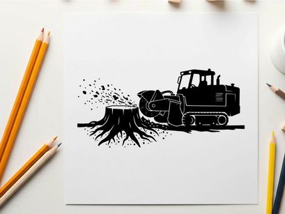 Silhouette of a bulldozer removing a tree stump silhouette