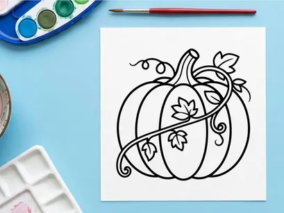 Ilustración decorativa de calabaza para diseños de otoño y Halloween. Motivo artístico de cosecha otoñal con vides y hojas ondulantes.