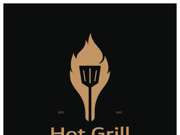 Simple Barbecue Vintage hot grill, with crossed flames and spatula. Logo for restaurant, badge, cafe and bar.vector preview picture