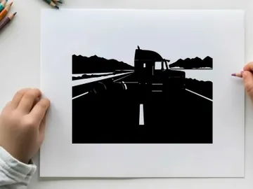 Silhouette of a semi truck driving on a highway with mountains preview picture
